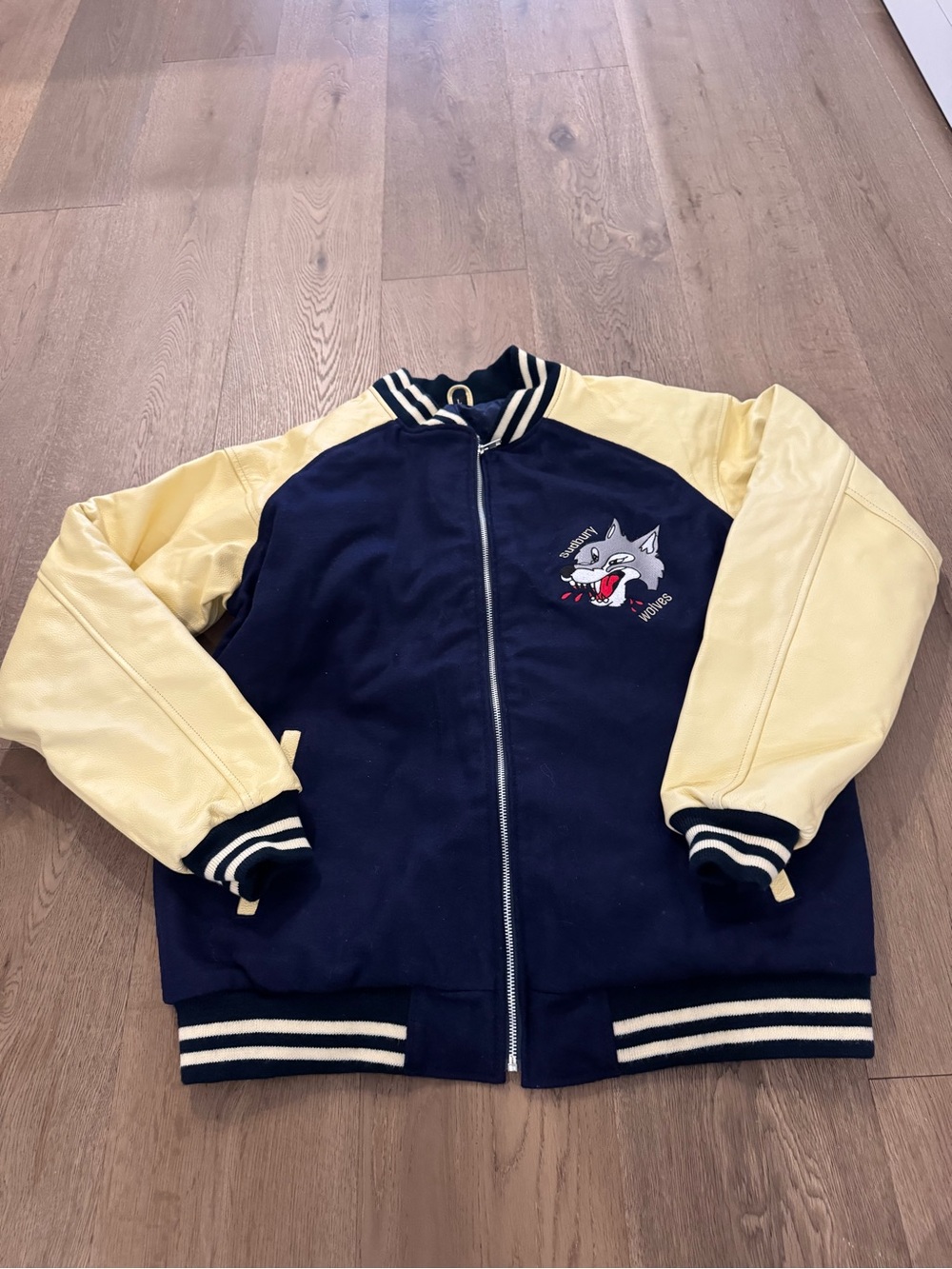 Sudbury Wolves Navy and Cream Varsity Kids Jacket with Wolf Patch